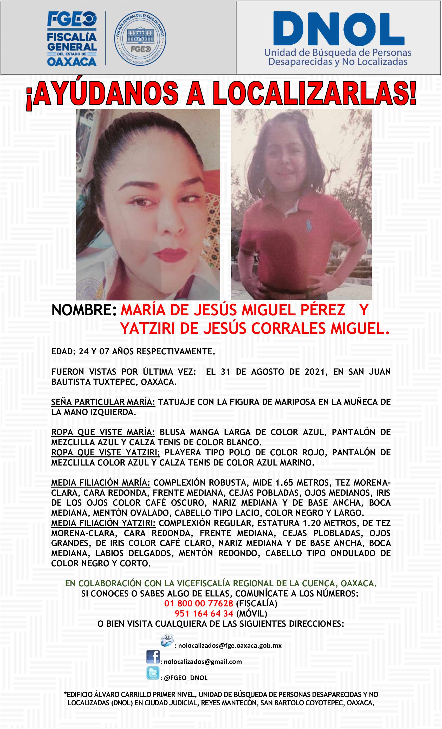 María de Jesús y Yatziri de Jesús, fueron vistas por última ocasión el 31 de agosto en San Juan Bautista Tuxtepec.