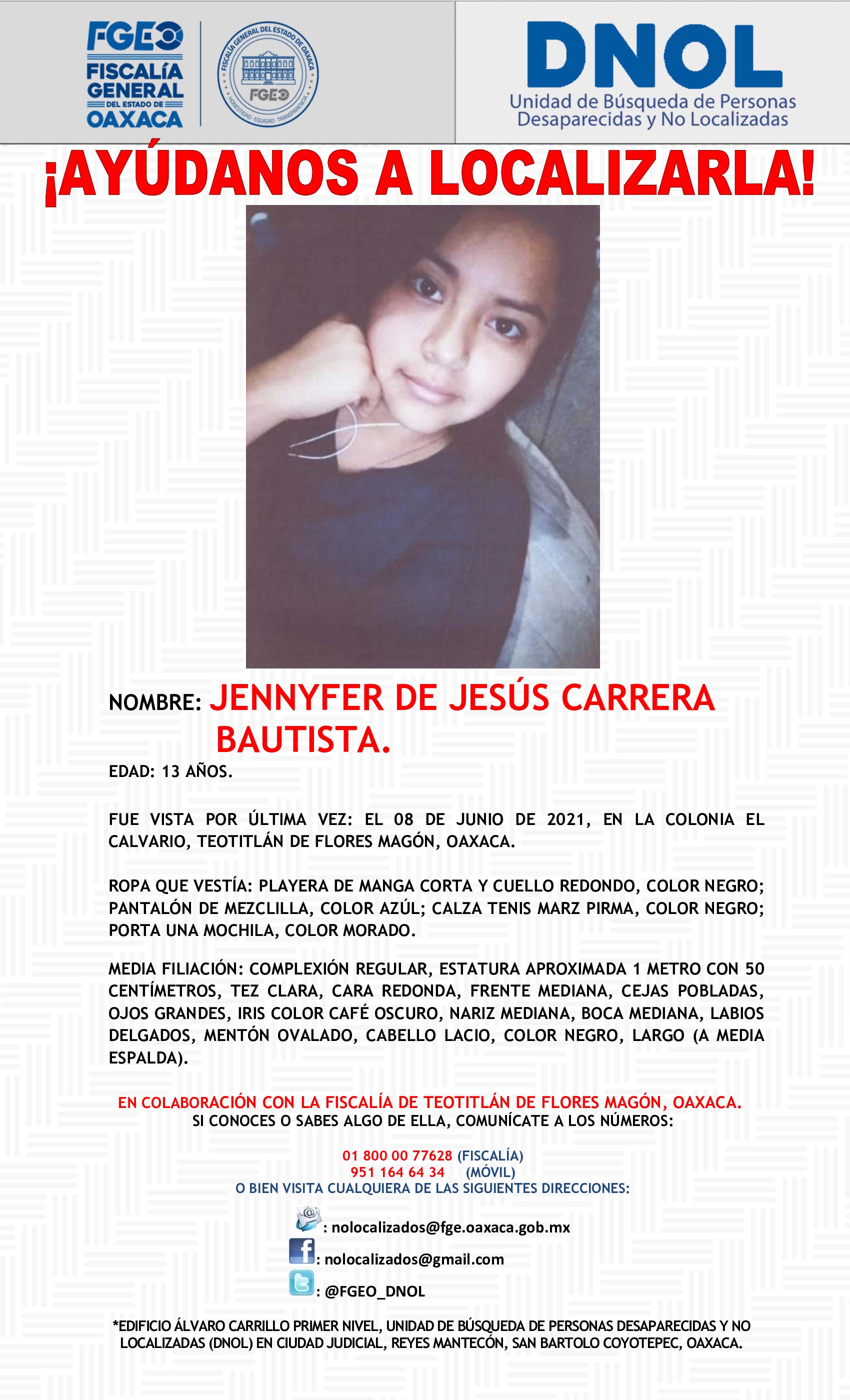 Jennyfer de Jesús tiene 13 años de edad.