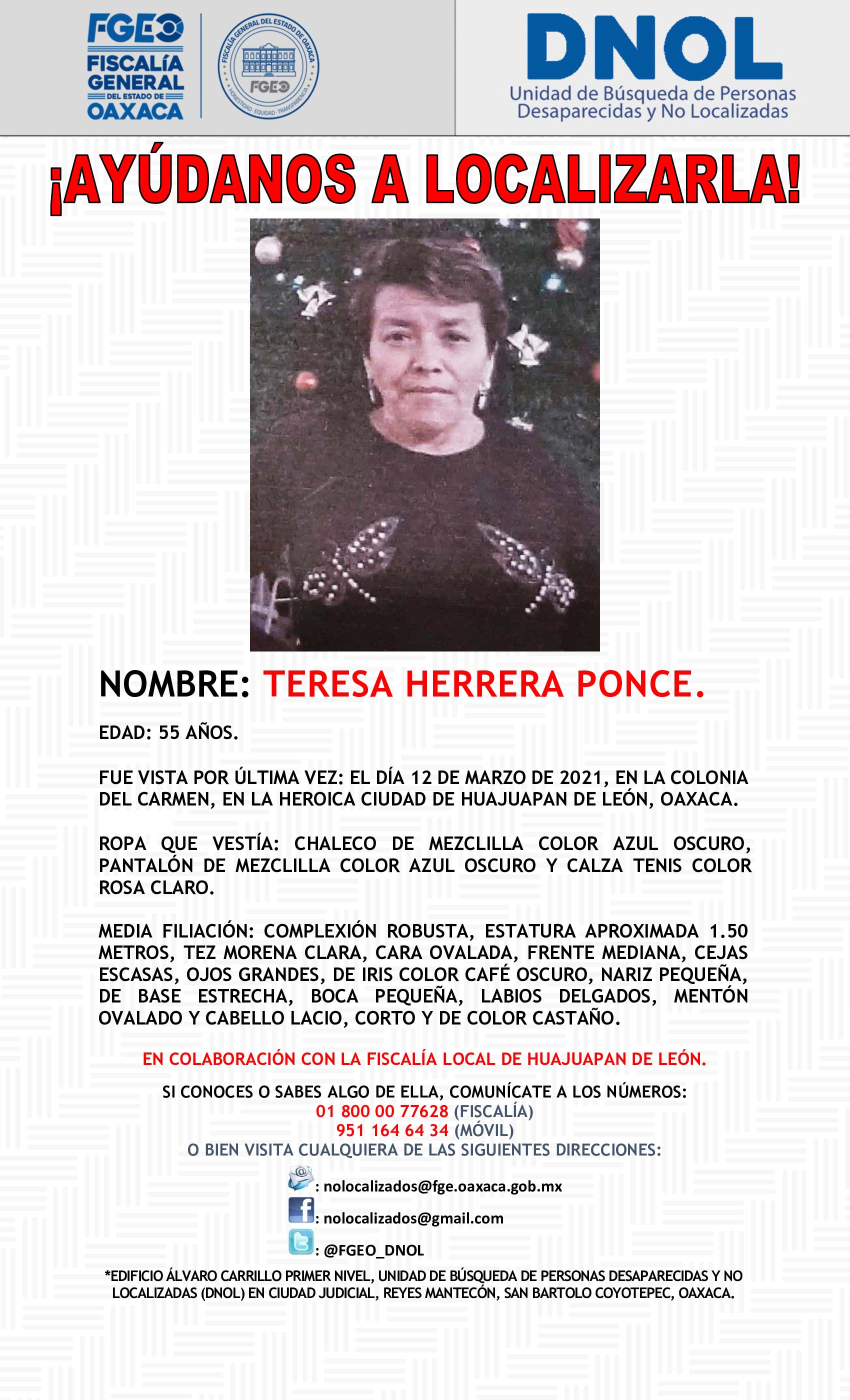Teresa fue vista por última ocasión el 12 de marzo.