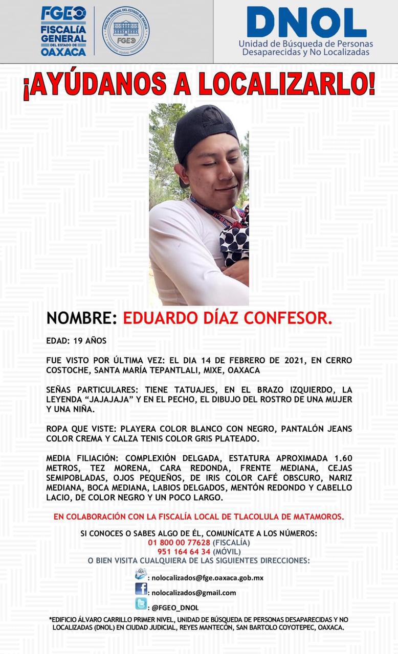 Eduardo Díaz Confesor se extravió en Santa María Tepantlali, Mixe.