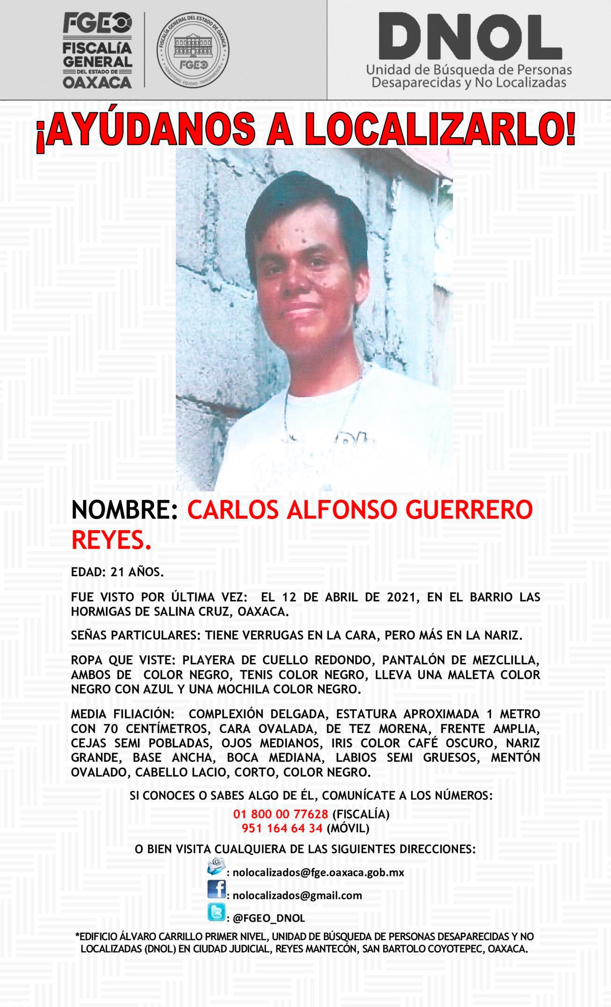 Carlos Alfonso Guerrero Reyes es buscado por sus familiares.