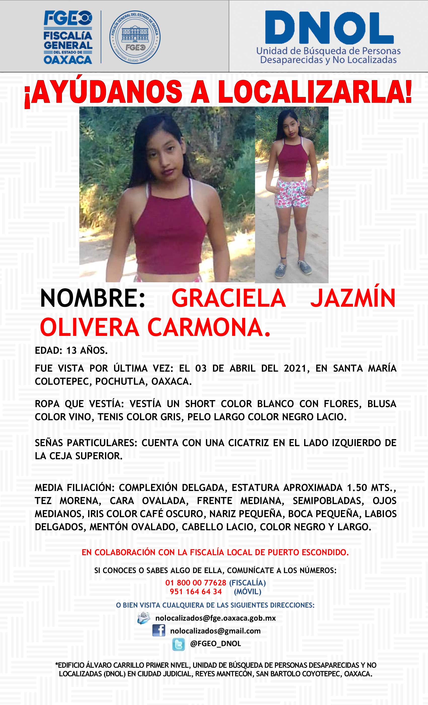 Graciela Jazmín desapareció en Santa María Colotepec, Pochutla.