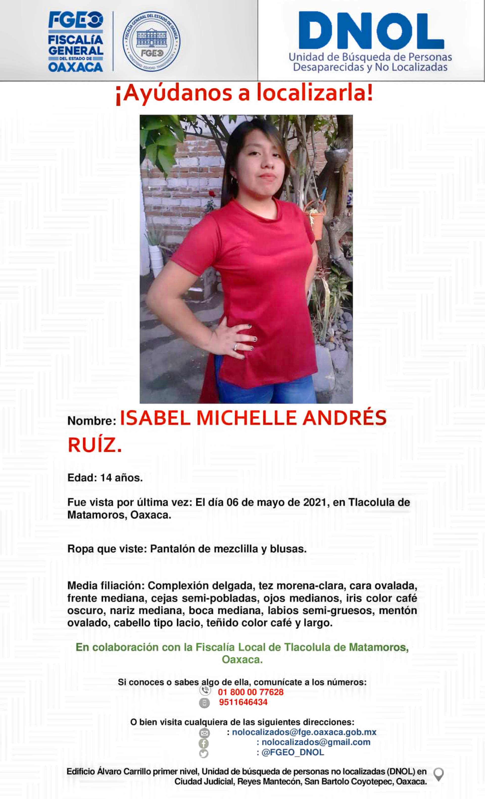 Isabel Michell se extravió en Tlacolula de Matamoros.