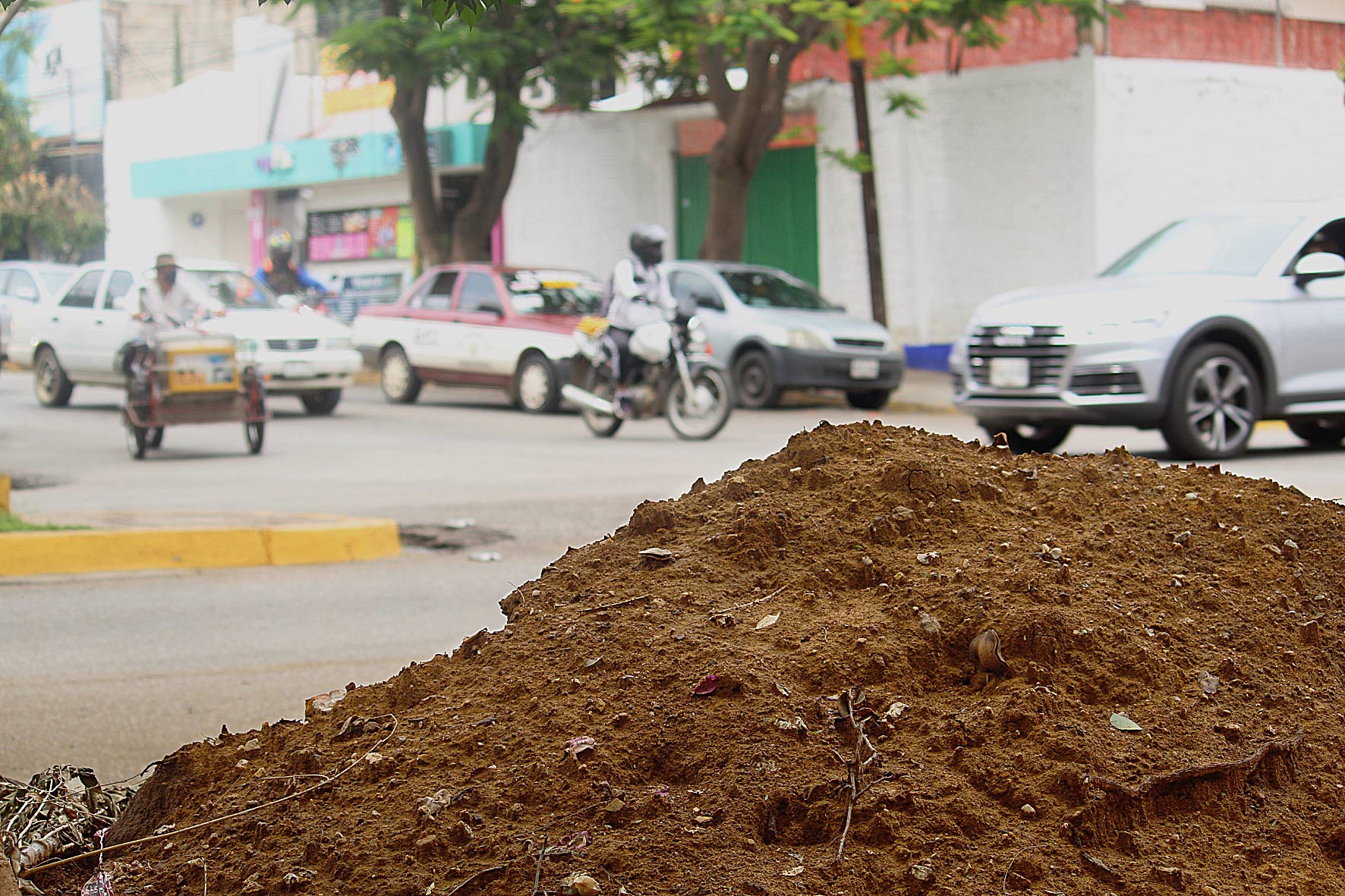 Los montones de tierra están acumulados en las banquetas.