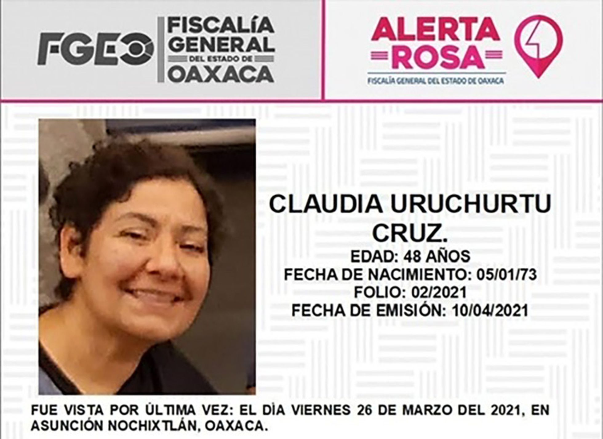 Ficha de búsqueda emitida por la Fiscalía General del Estado de Oaxaca.