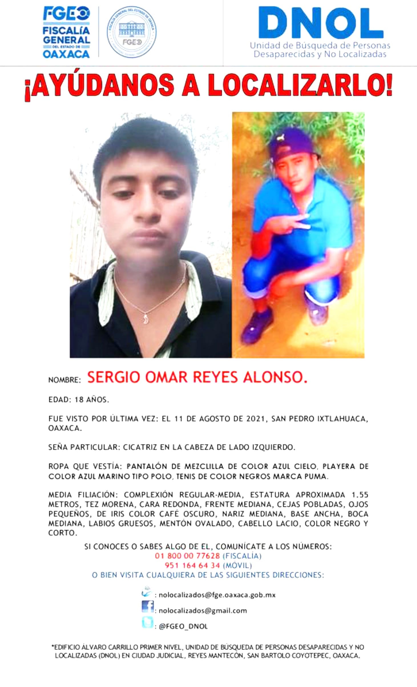 La vestimenta del joven corresponde al de Sergio Omar, quien desapareció el pasado miércoles 11 de este mes.